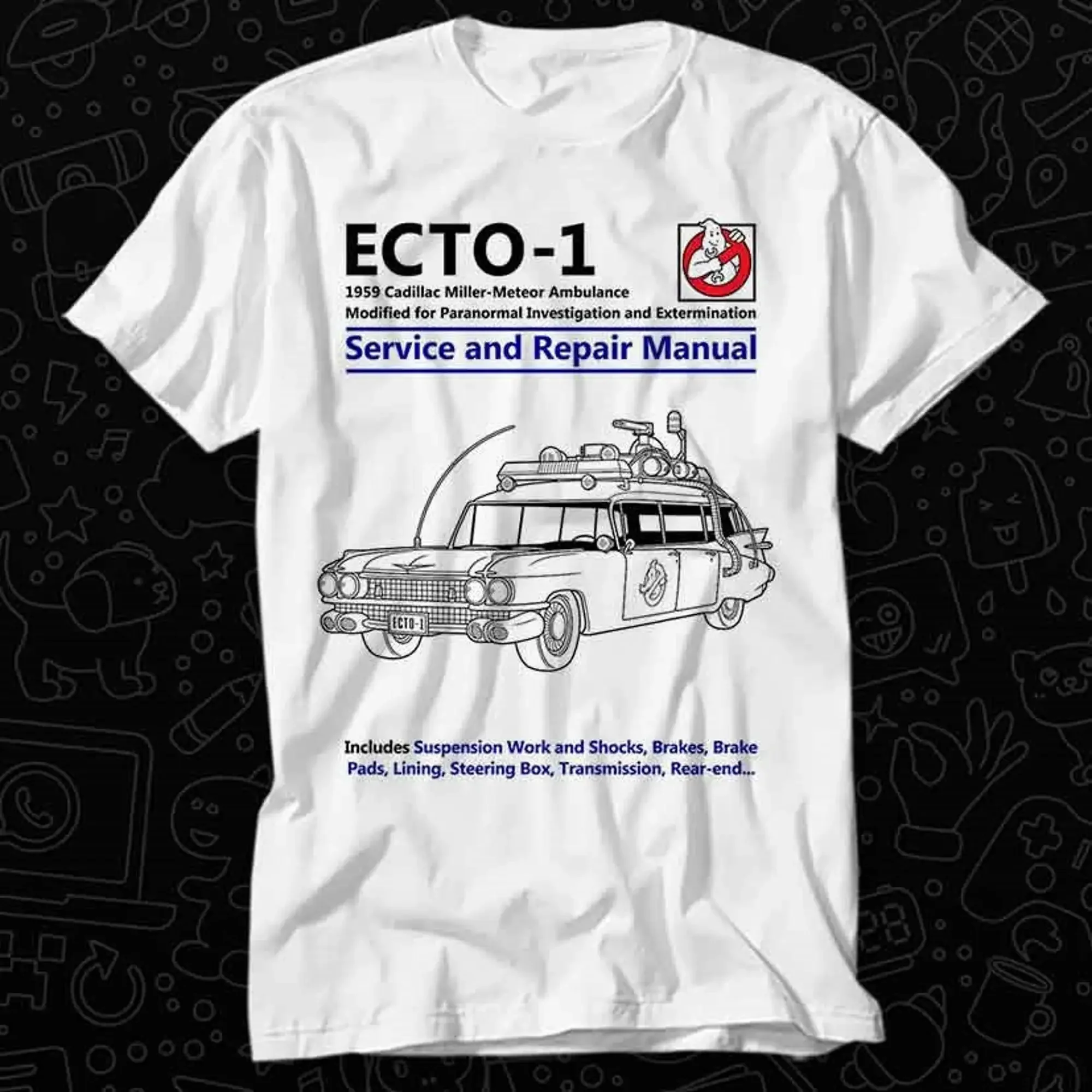 Ecto 1 ghost buster krankenwagen auto service und reparatur handbuch t shirt geschenk top erwachsene vintage musik bester film oz486