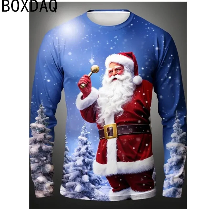 Men Christmas Seris T-shirt Autumn Long Sleeve O-Neck Casual Cotton Tops 3D Fun Santa Claus Pattern Printed T-shirt Plus Size