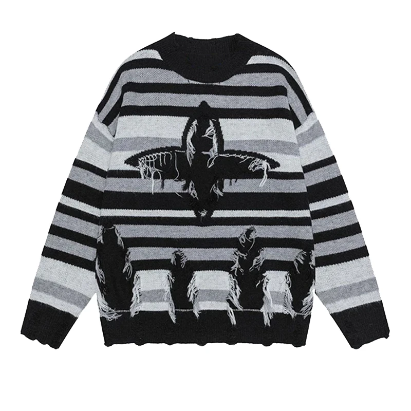 

y2k 2024 autumn and winter warm Harajuku tattered knitted sweater street wear striped sweater Y men's and women's casual loose