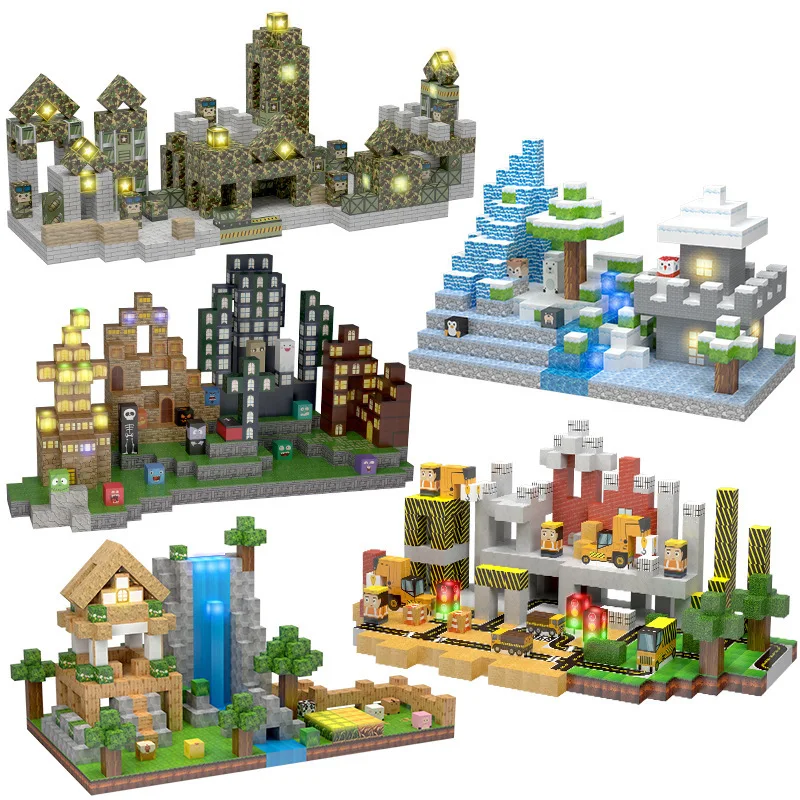 Kit de bloques de construcción de cubos magnéticos, escena de construcción de la serie de granja militar con iluminación, juguetes ensamblados con imán DIY para regalo de chico