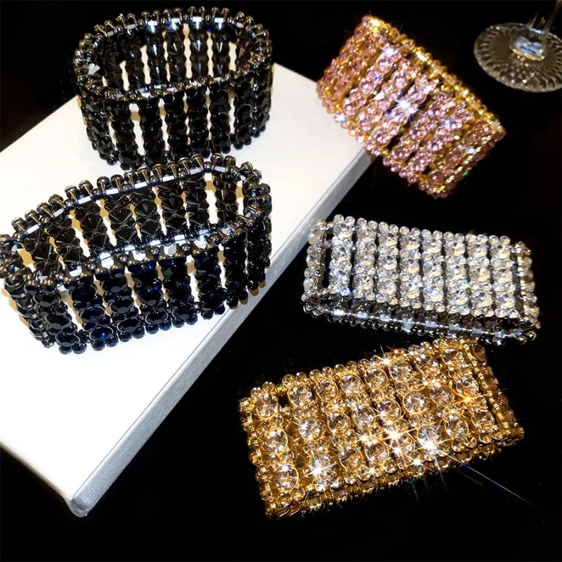 Minar 2026 Hot Sale Multicolor Full Rhinestones Hollow Out Wide Bangles for Women Gold Black Gun Silver Plated Metal Accessories