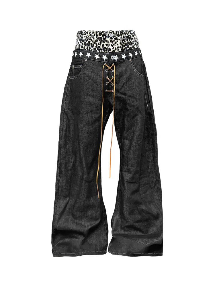 MWJLPWQ Leopard Print Niche Double Waist Denim Scimitar Jeans Men's Fashion Drawstring Layered Design Trousers 2026 Autumn 21443