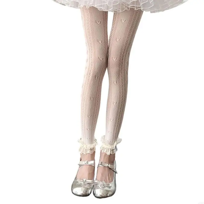 270D 여성 스타킹 하트 패턴 Footless 레이스 트림 레깅스 발가락 없음 팬티 스타킹