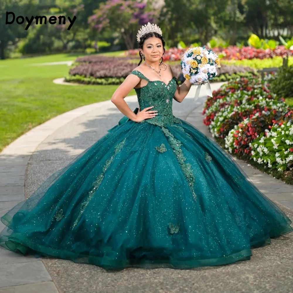 Doymeny-vestido de quinceañera con cuentas para mujer, traje de tul con apliques y hombros descubiertos, con flores brillantes, 15 años