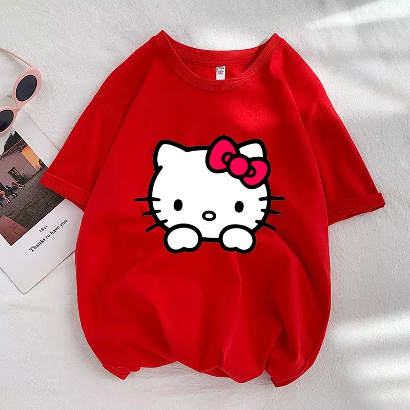 مرحبا كيتي الأحمر الكرتون أنيمي الرجال تي شيرت الصيف قصيرة الأكمام عادية المرأة تي شيرت 2025 موضة جديدة زوجين المحملة القمم الملابس #2