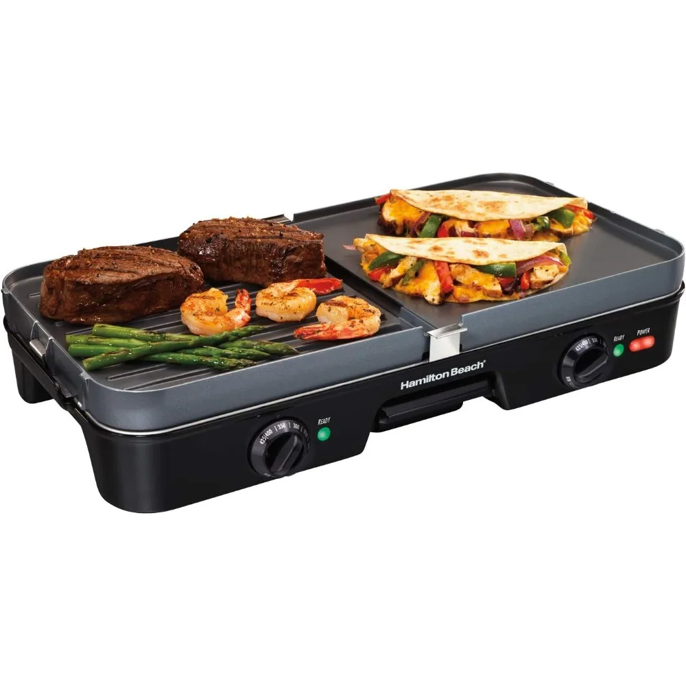 3-in-1 Electric Indoor Grill + Griddle,8-Serving,Reversible Nonstick Plates,2 Cooking Zones with Adjustable Temperature