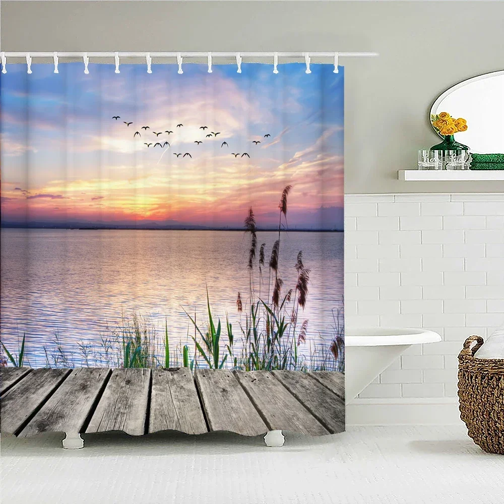 Sunlight Ocean Beach Fabric Shower Curtain Bathroom Curtains Sunset Dusk Sea large Size 300x180CM ​Bath Screen with 12 Hooks