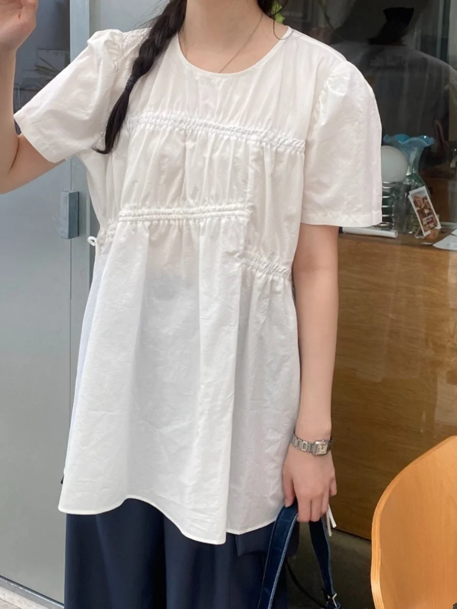 

Chic Summer Women's Loose Fit round Neck Short Sleeve Shirt with Drawstring Casual Versatile Casual Shirt Sweet Style