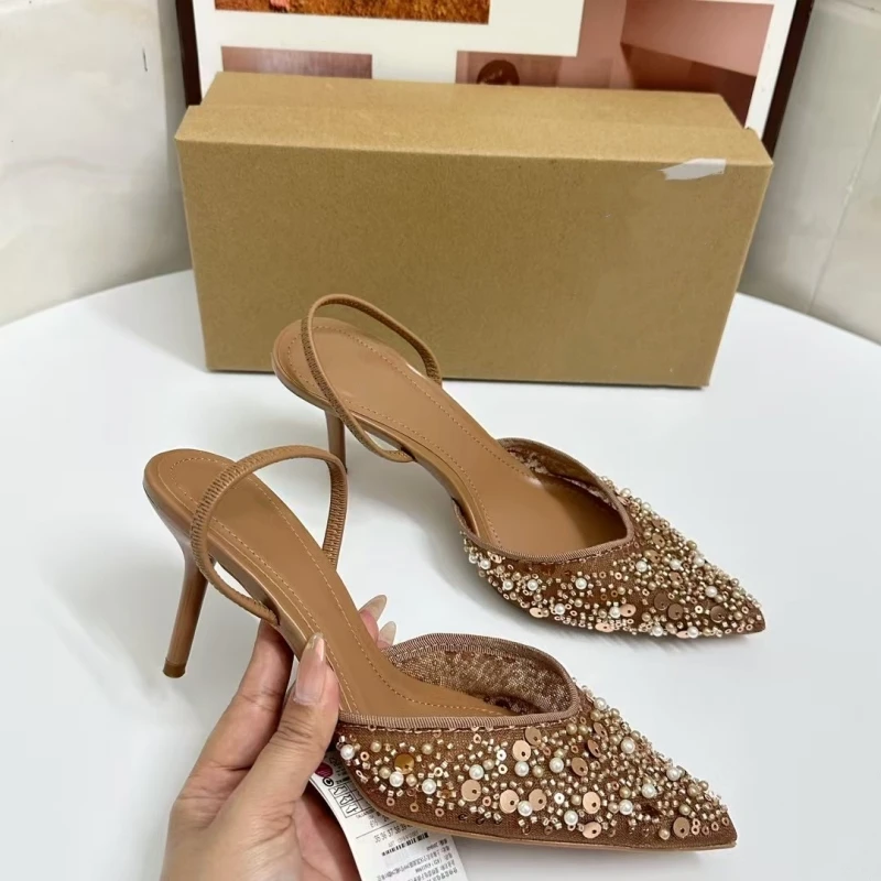 جديد مطرز شبكة Slingback الكعوب للنساء الفاخرة أشار تو كعب مضخات مكتب سيدة مضخات الصيف خنجر الأحذية الصنادل 2025