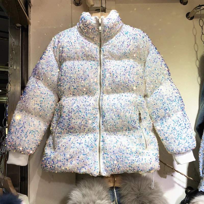 

Winter Colorful Sequins Thickening Warm Down Coat Bomber Cotton-padded Beaded Puffer Jacket Zipper Parka Stand Collar Cardigan