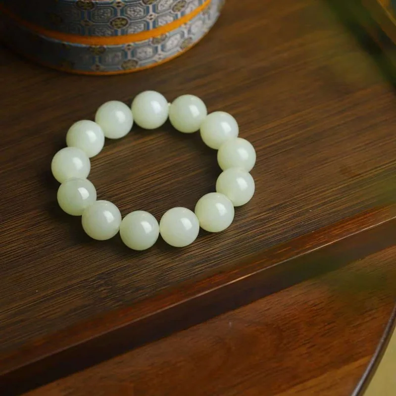 

Natural Hetian Qinghai Old Material Plain Surface Bead Round Jade Smooth Bracelet