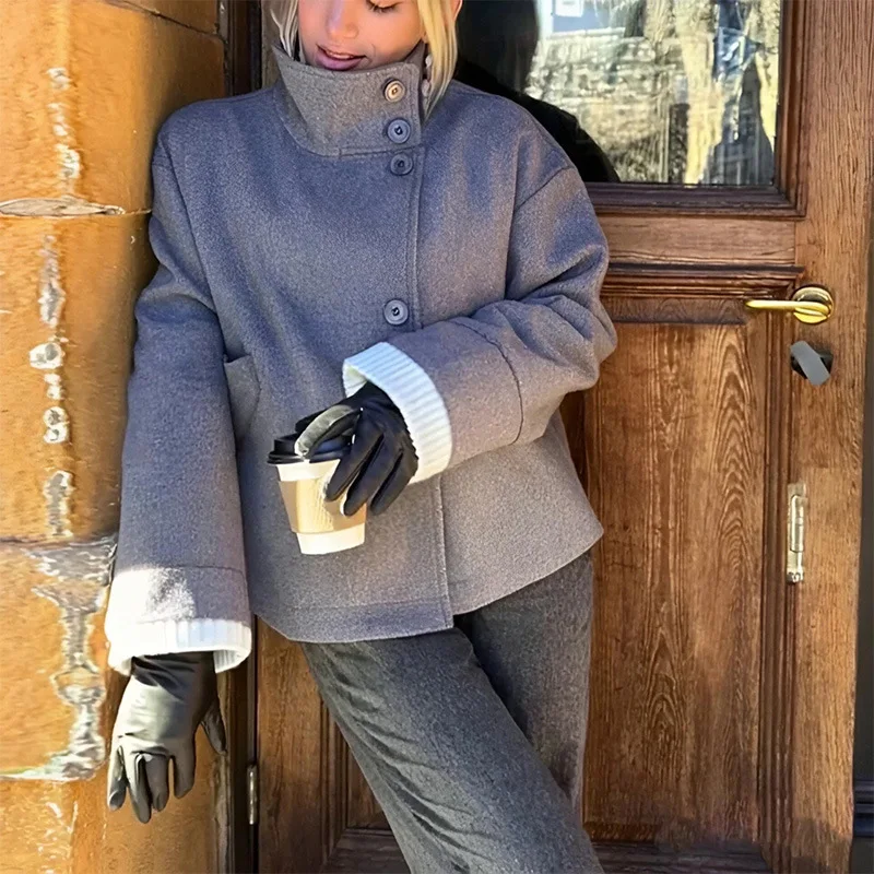 

2025 Autumn Single Breasted Stand Collar Loose Woolen Dark Blue Jacket Women Female Coat Office Lady Street Short Outwear Tops