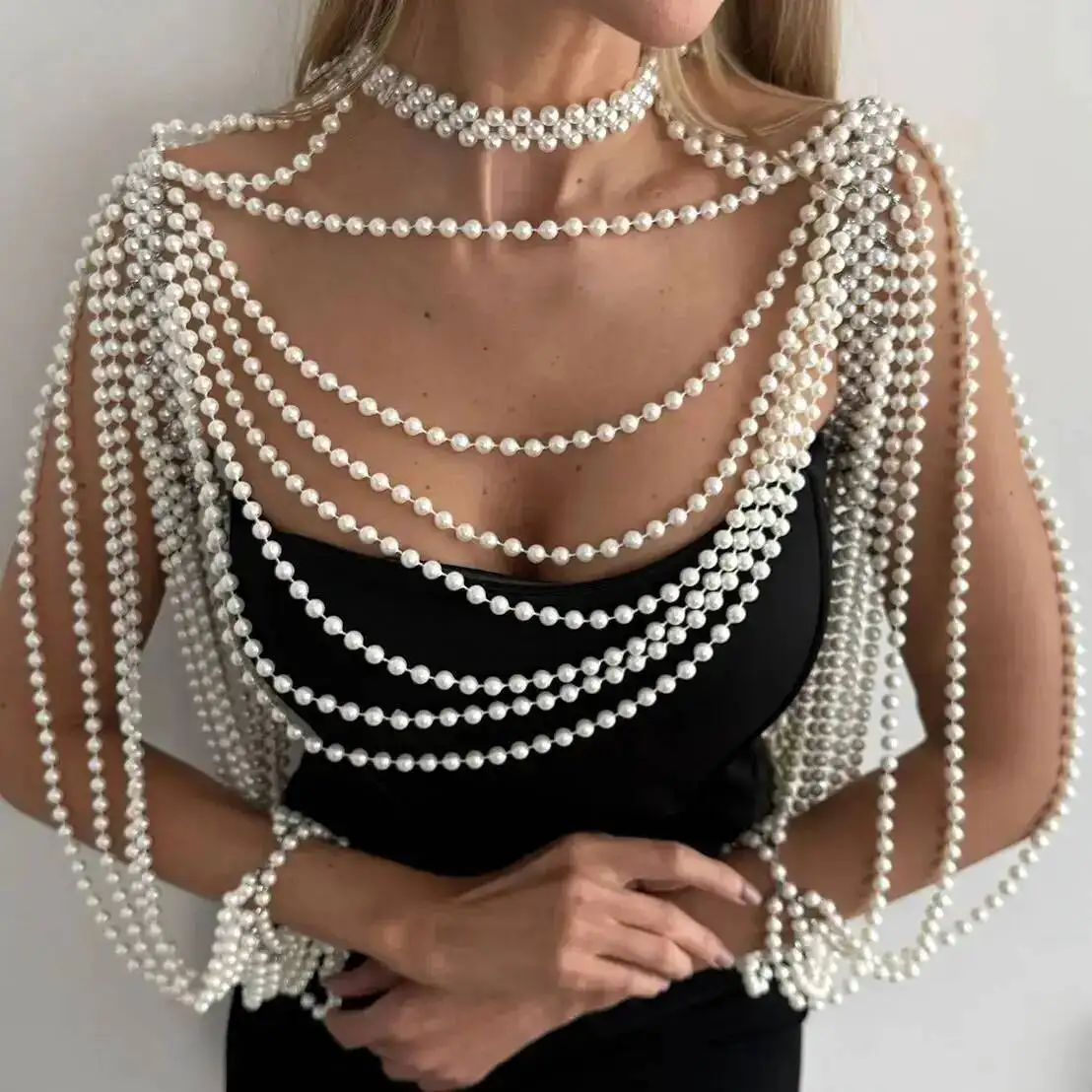 Lacteo Elegant Imitation Pearl Shoulder Chain Necklace for Women Sexy Shawl Banquet Jewelry Wed Bridal Neck Accessories Gift New