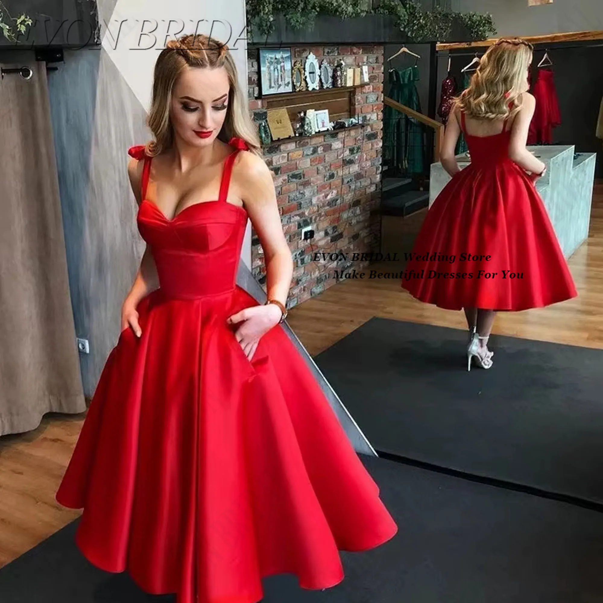 

Red Elegant Short Evening Dresse Women Satin Party Dress For Wedding Knee Length A Line Cocktail Dresses EVON BRIDAL Customized