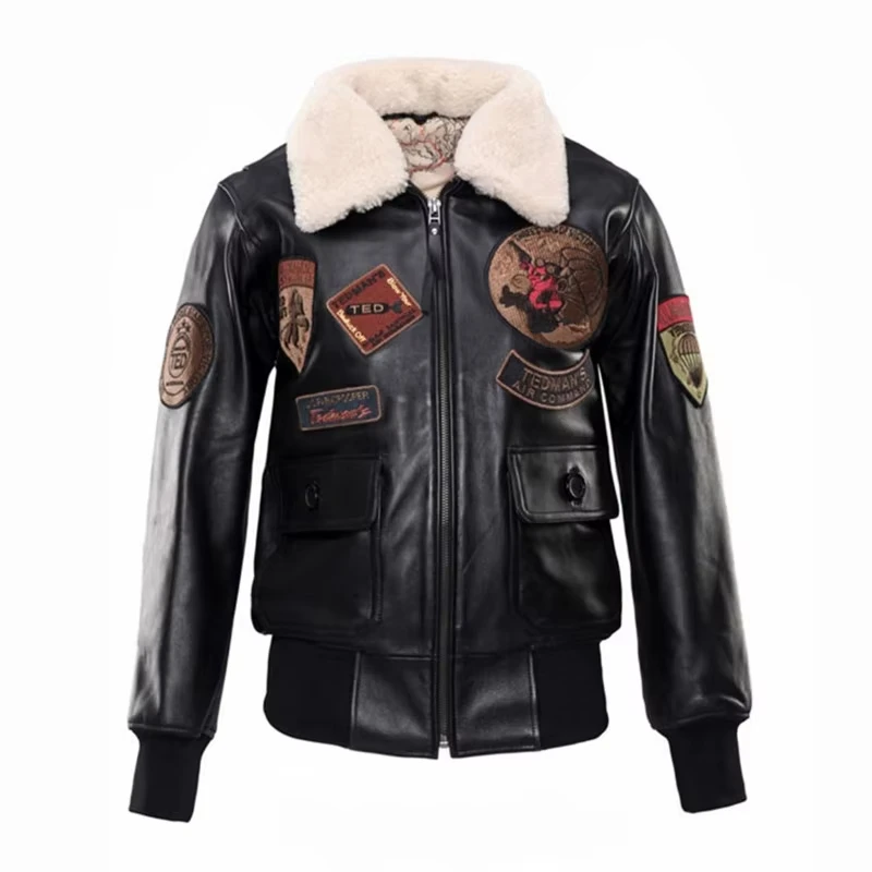 Women's  Air Commander Real Shearling Collar Vintage Patch Embellished Genuine Sheepskin Slim Fit Cropped Bomber Jacket