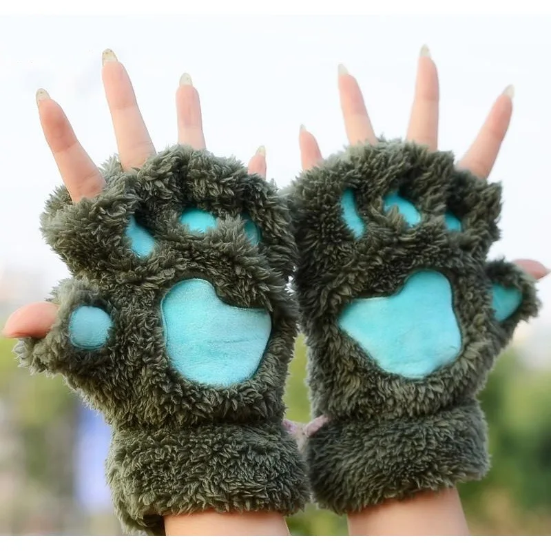 Cat Claw Gloves Winter Cute Cartoon Cat Girls Fingerless Gloves Thickened Velvet Bear Paw Half Finger Gloves