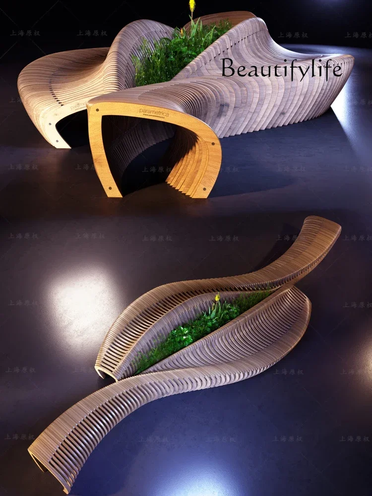 

R Outdoor shopping mall anticorrosive wood slice seat fiberglass leisure seat lobby landscape special-shaped bench