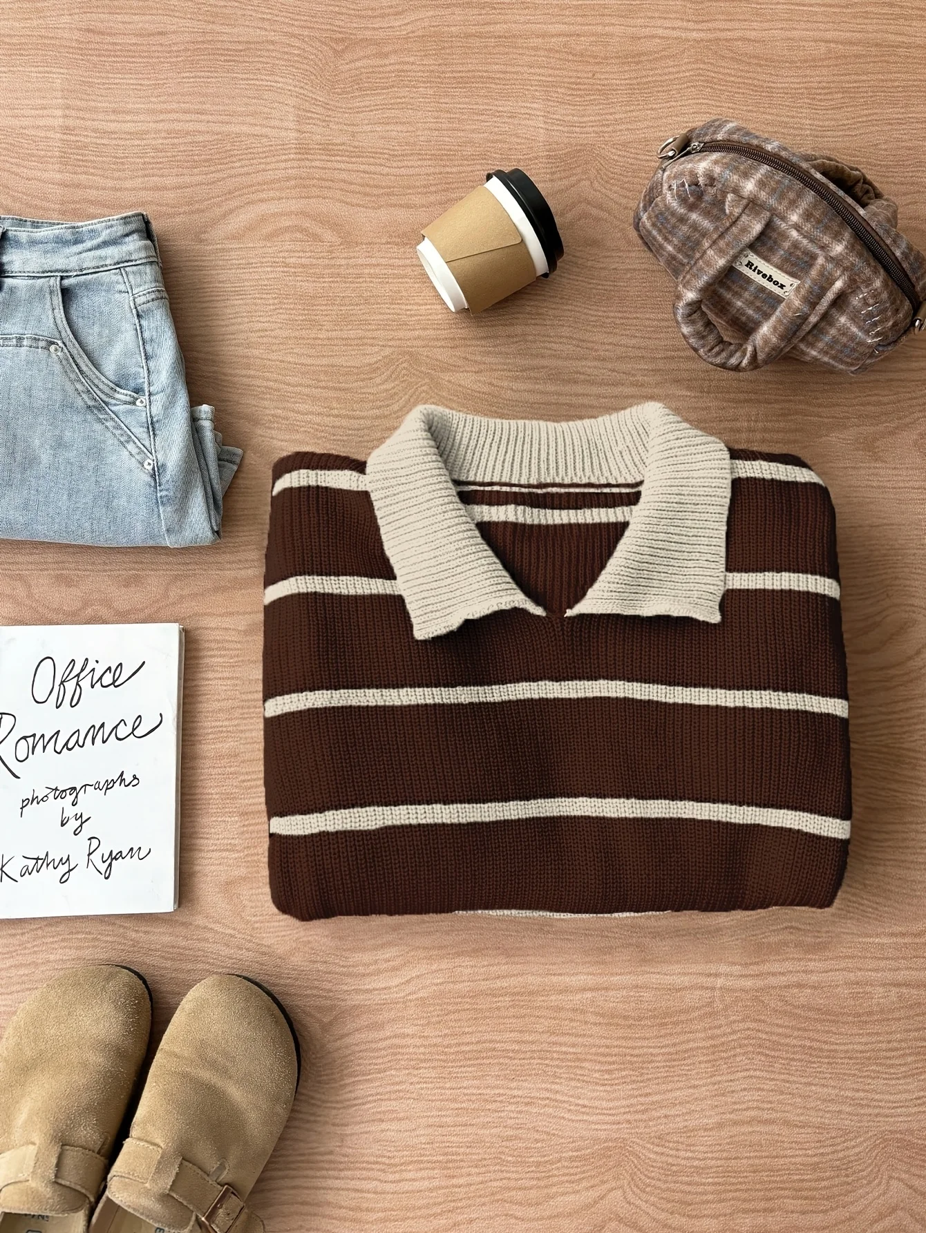 Women's polo neck striped ribbed trim knitted shirt, elegant, suitable for daily commuting, autumn and winter style image 3