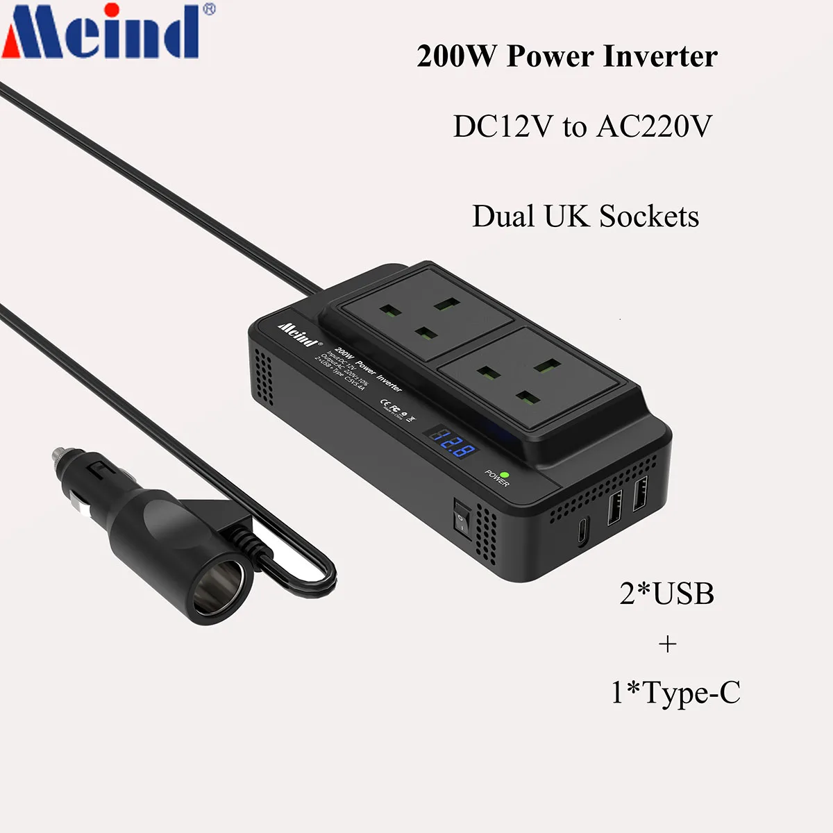 

Meind 200W Power Inverter 12V to 220V UK AC Sockets USB&Type-C Fast Charging Ports with Cigarette Lighter Plug
