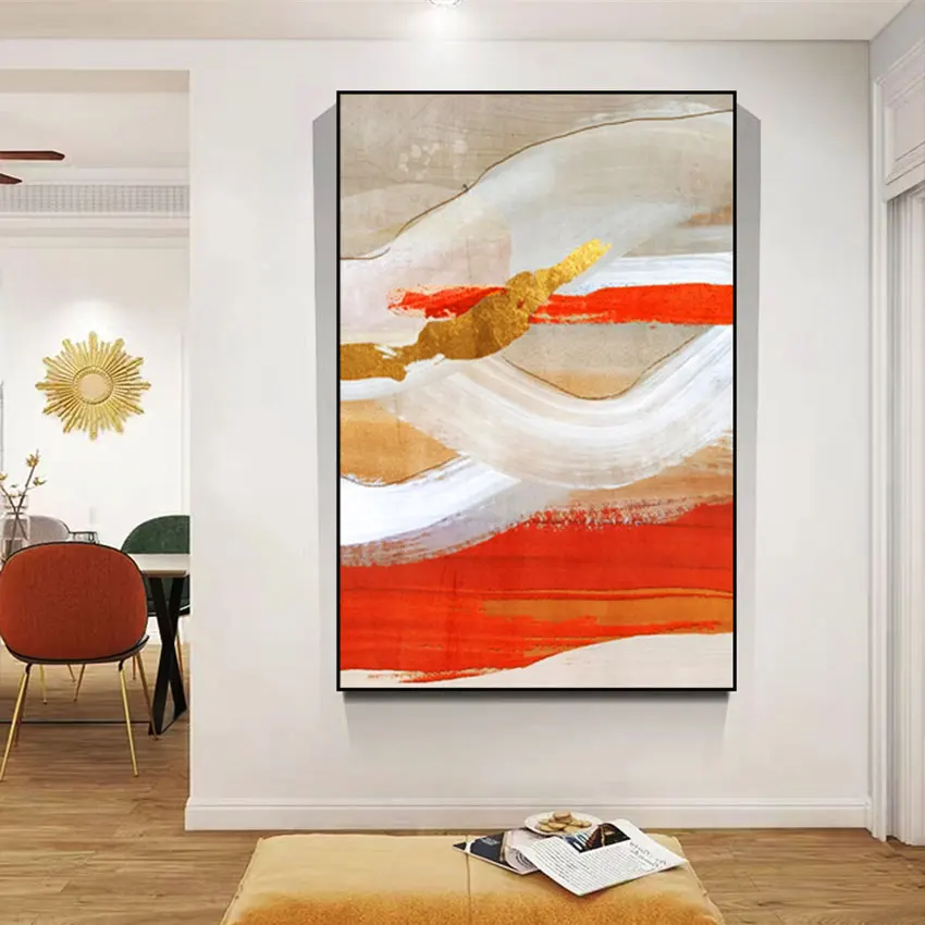 White Orange Abstract Painting Gold Foil Art Picture Hand Drawing Modern Canvas Wall Hangings，Unframed Home Decoration Pieces