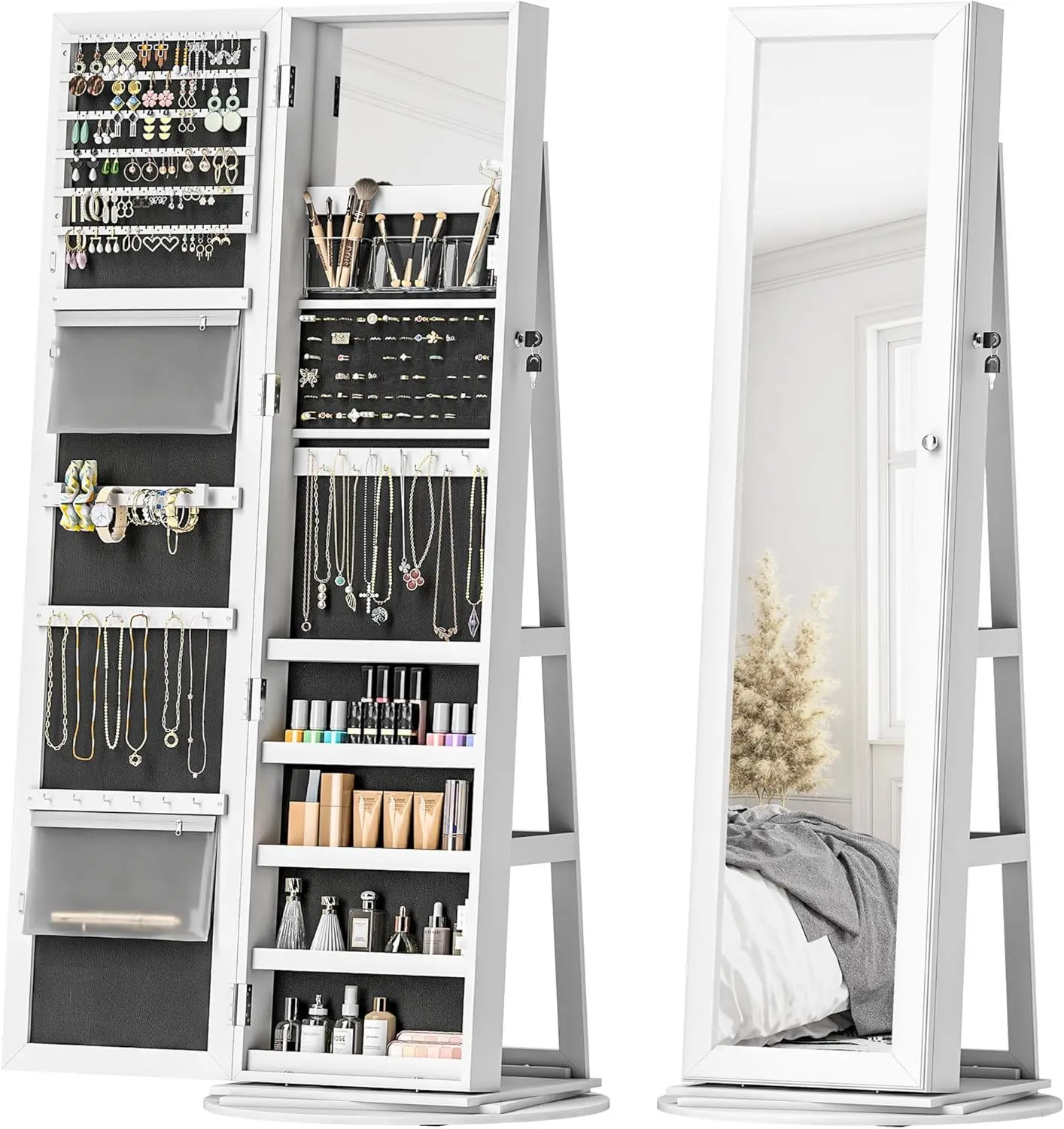 

360° Swivel Jewelry Cabinet, Lockable Jewelry Armoire Organizer with Full-Length Mirror, Back Storage Shelves