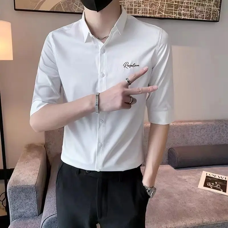 Summer elastic embroidered thin shirt for men slim Korean style youth 7-quarter sleeve casual business professional white shirt