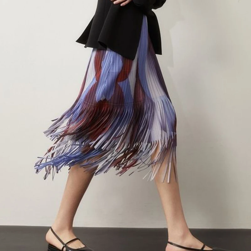 Printed retro pleated fringed skirt skirts for women korean fashion clothing long skirts for women Loose Fit