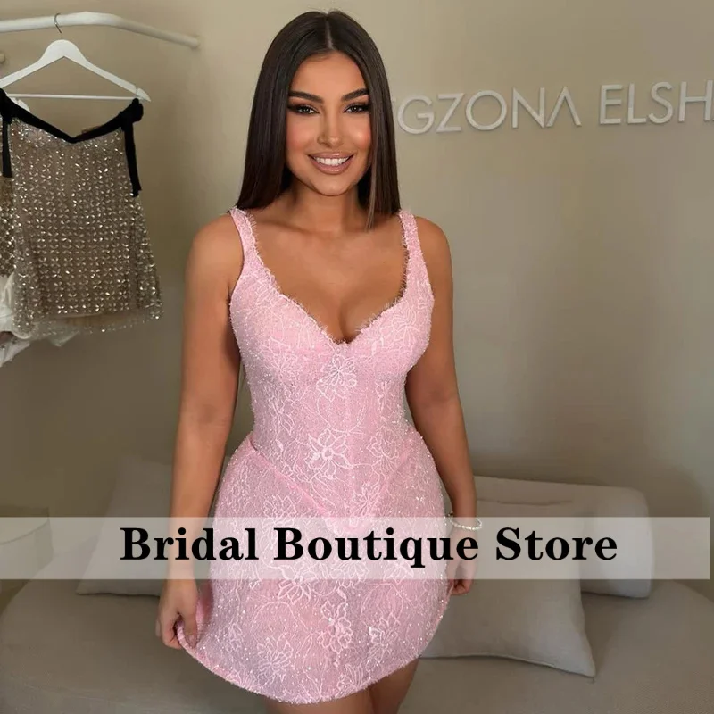 Pink Lace V Neck Mini Dress Spaghetti Straps Sparkly Beaded Homecoming Party Gown Customized