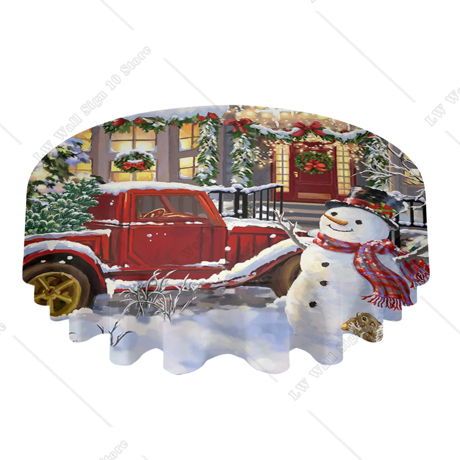 Snowman Houses Christmas Tree Truck Round Tablecloth Waterproof Wedding Party Table Cover Christmas Dining Table Tablecloth