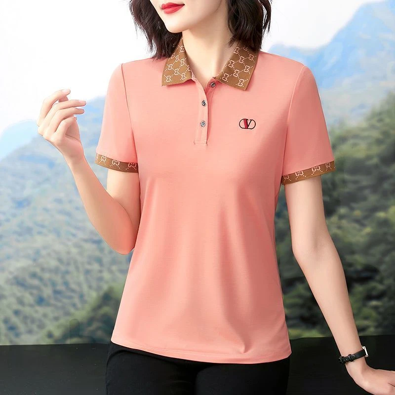 

Спортивная рубашка-поло, женская летняя модная футболка с короткими рукавами и лацканами, женский повседневный топ, корейские поло Mujeres, черная, розовая одежда