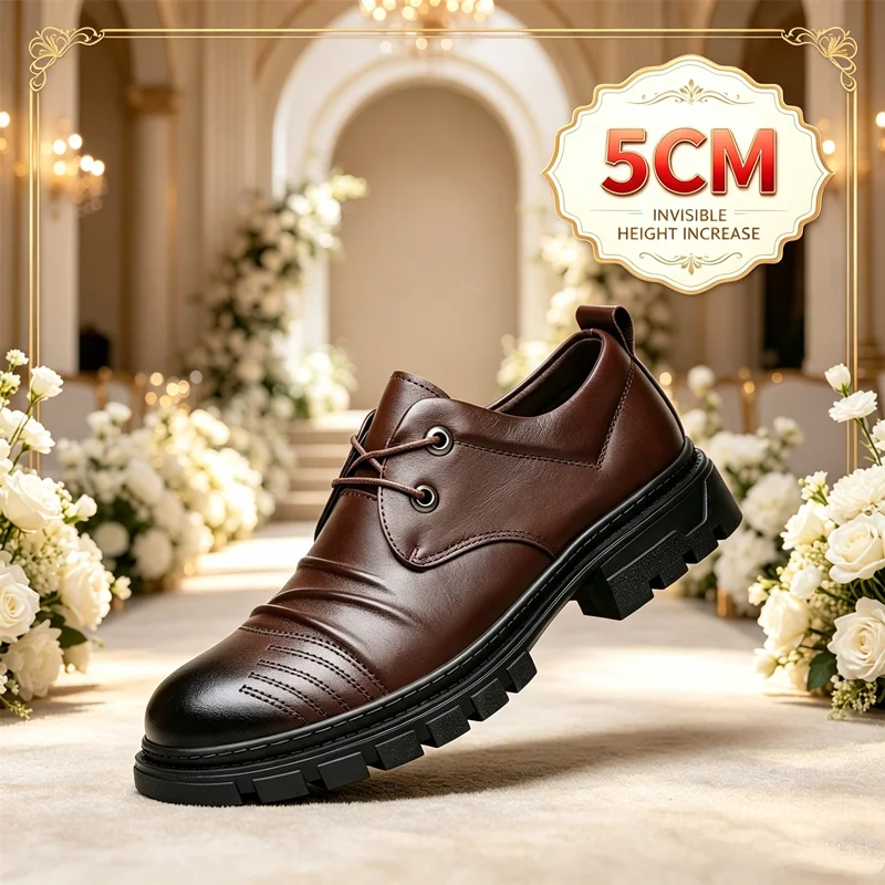 Men 5CM Height Increase Elevator Shoes Black Brown Genuine Leather Wedding Office Formal Business Dress Oxford Shoes For Male