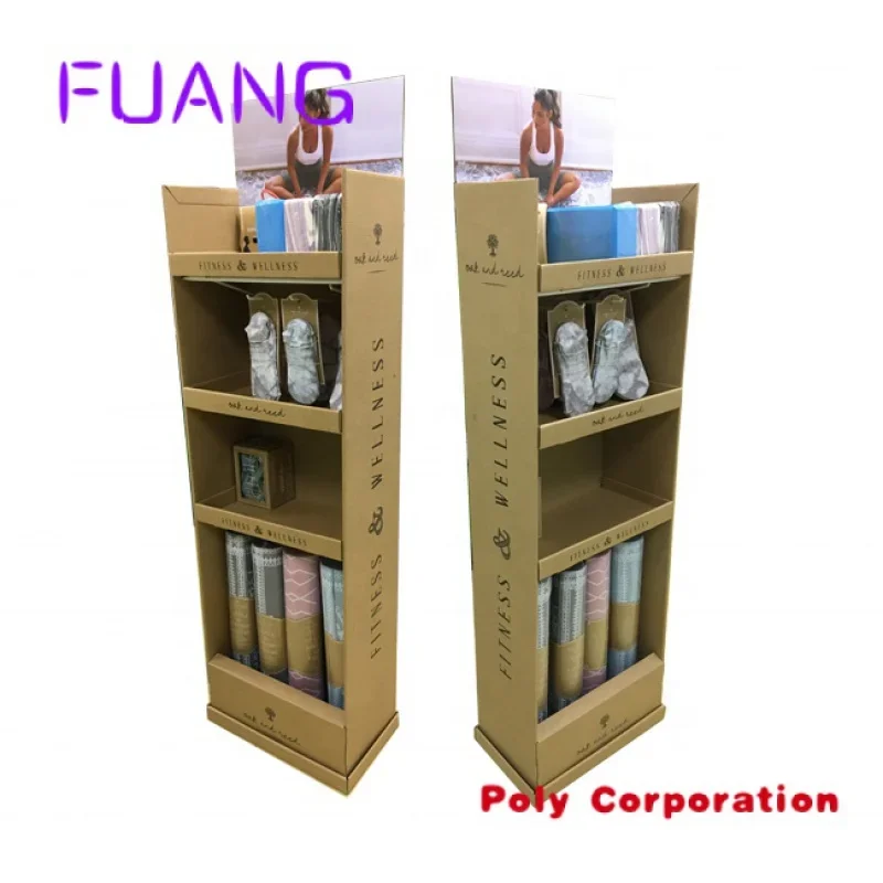 Custom Sake custom printing shelf cardboard floor stand display paper tiered display stand for Yoga rope/socks/boots/bricks