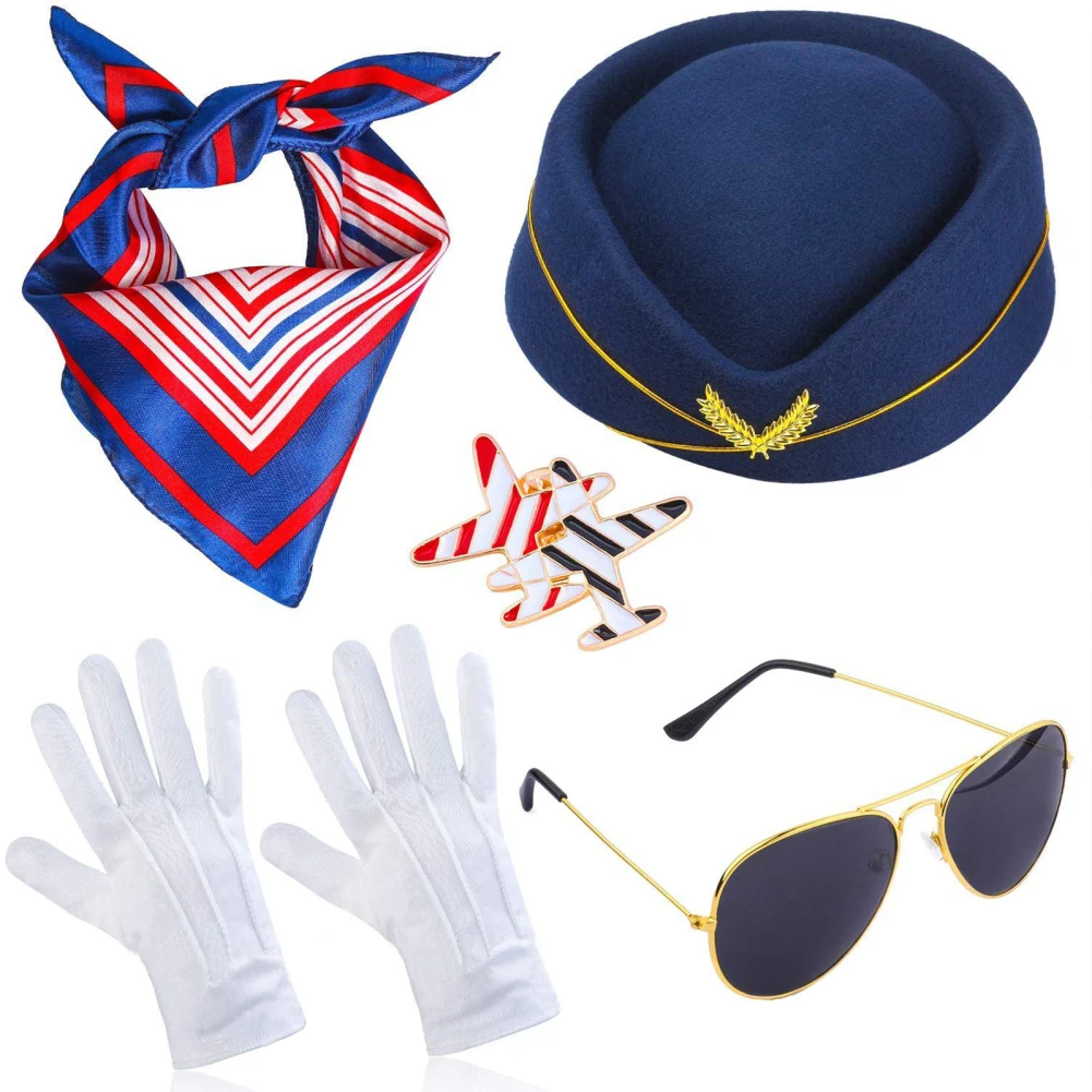 Women Stewardess Cosplay Costume Set Flight Attendant Hat With Scarf Gloves Glasses Cosplay Props For Party Supplies