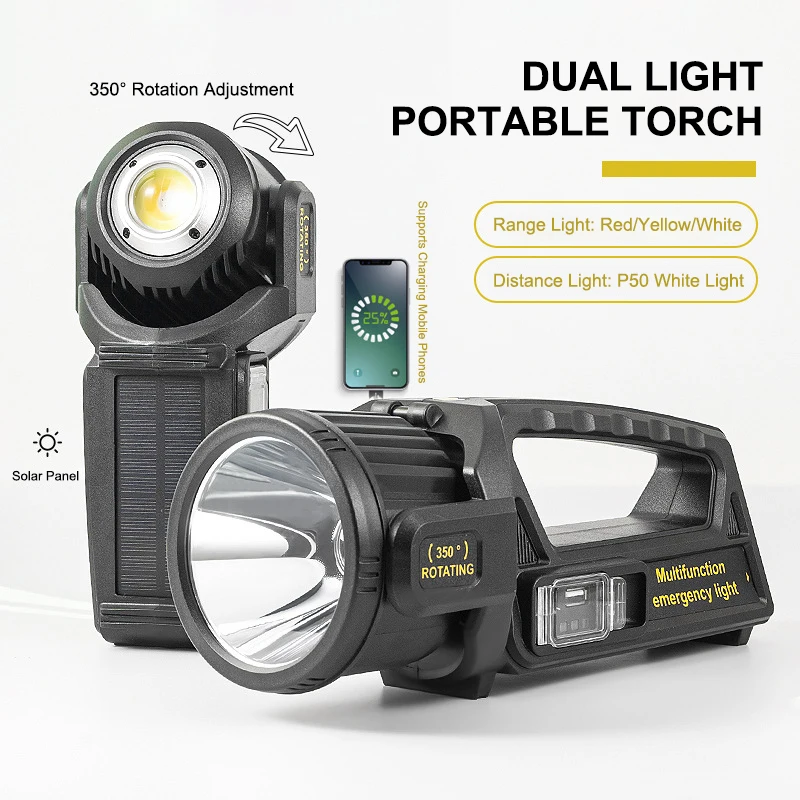 high power led solar searchlight lanterna recarregavel usb double head spotlight ultra longa distancia de iluminacao para camping 01