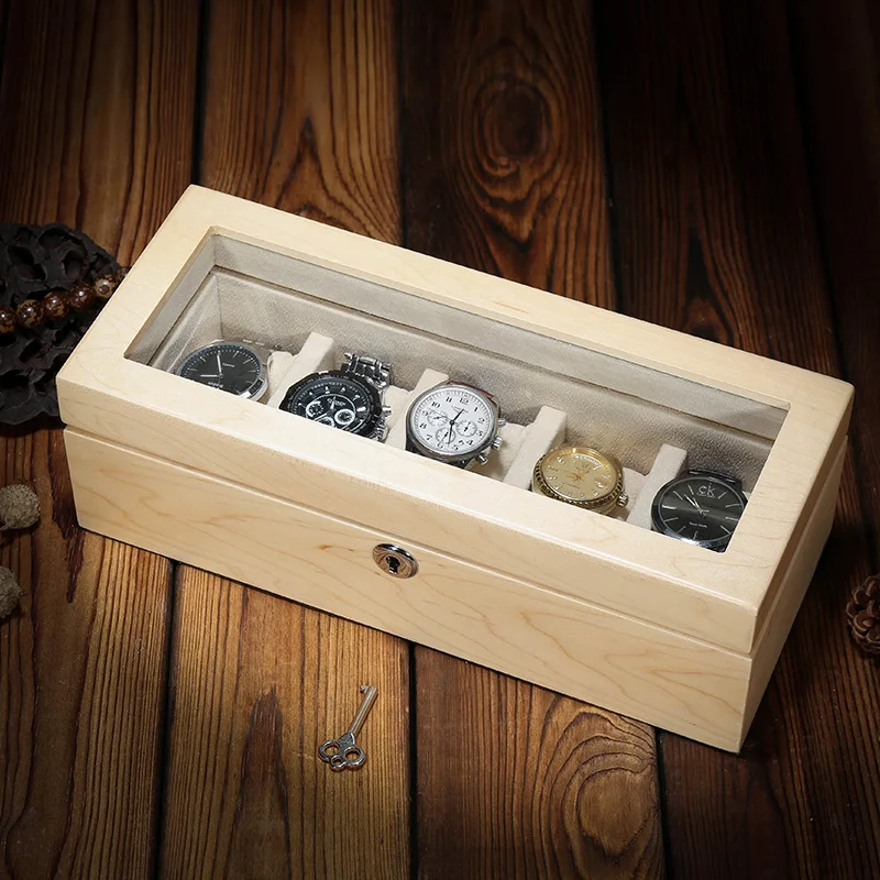 Customized LOGO Retro Cherry Wood Solid Wood Watch Display Box Home Elegant Jewelry Collection Storage Box Five Piece Gift OEM
