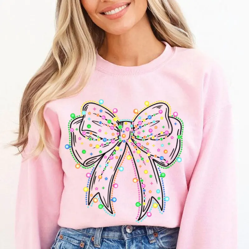 Christmas Lights Coquette Bow Print Sweatshirt Women Harajuku Casual Loose Sweatshirts Fashion Soft Hoodies Autumn Warm Clothes