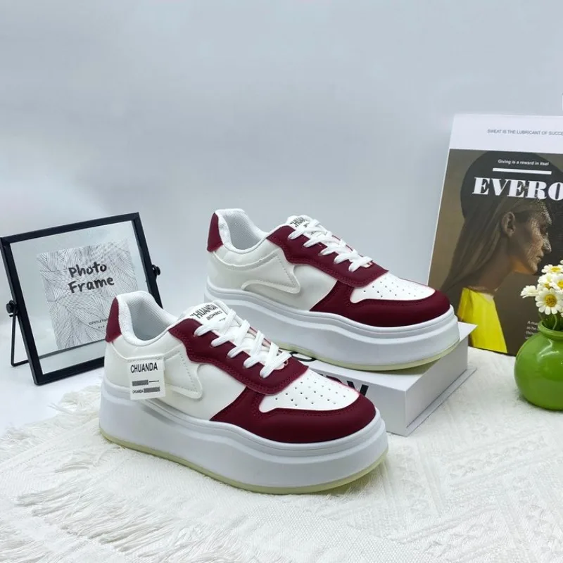 Women Minimalist White Platform Shoes Smooth Leather Back Tag Design Chunky Wave Sole Height Increase Daily Casual Sneakers