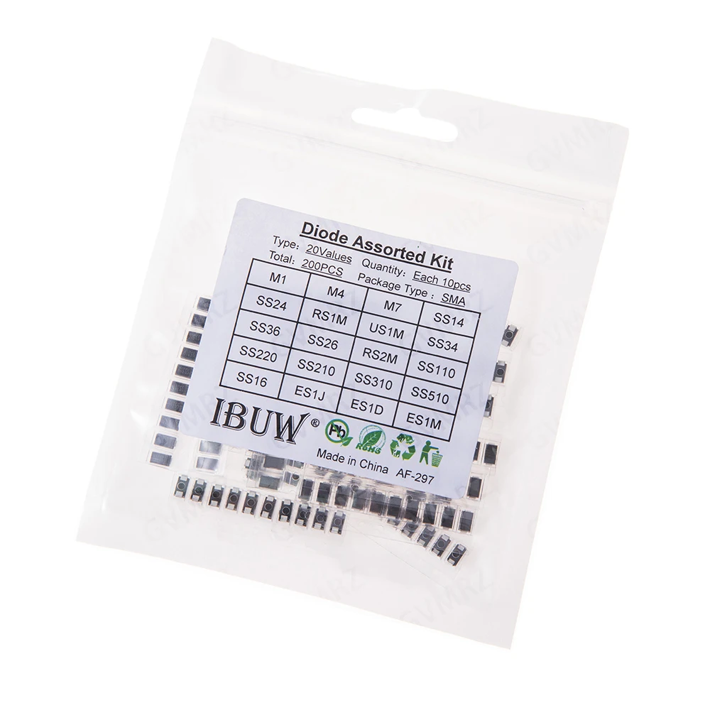 200PCS 20Values SMA Diode Assorted Kit M1 M4 M7 SS14 SS24 for Electronic Rectification Projects SS310 SS510 SS16 ES1J  ES1D ES1M