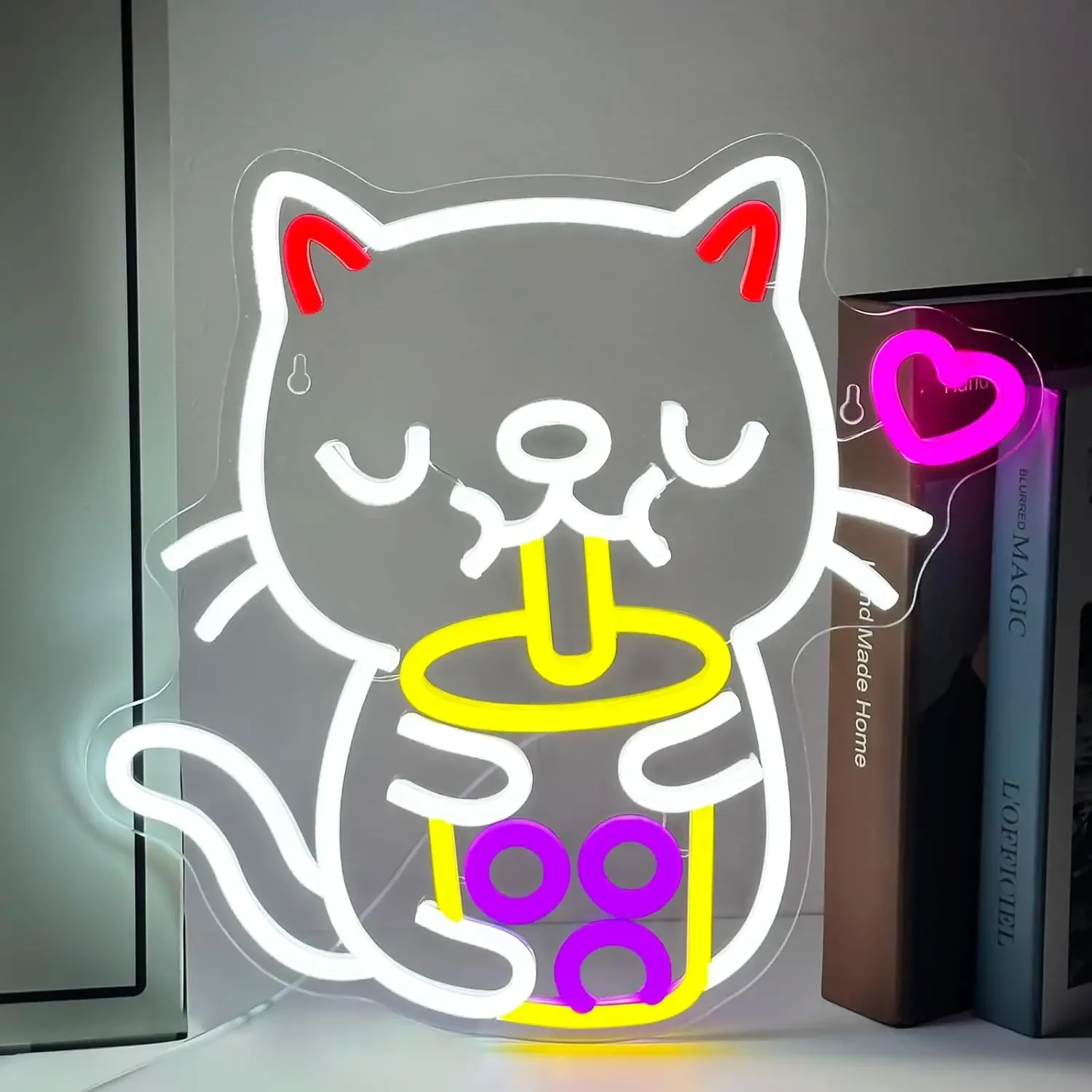 Cute Cat Bubble Tea Neon Sign LED Wall Art Kitty Drinking Boba Glow USB Powered Dimmable Acrylic Lamp Home Bedroom Decor