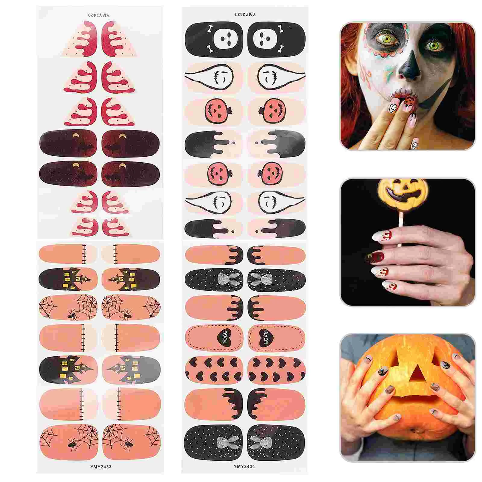 4 hojas de pegatinas para uñas, decoraciones de Halloween para caracoles pulidos, adorno artesanal, calcomanías espeluznantes de Pvc, maquillaje para niños