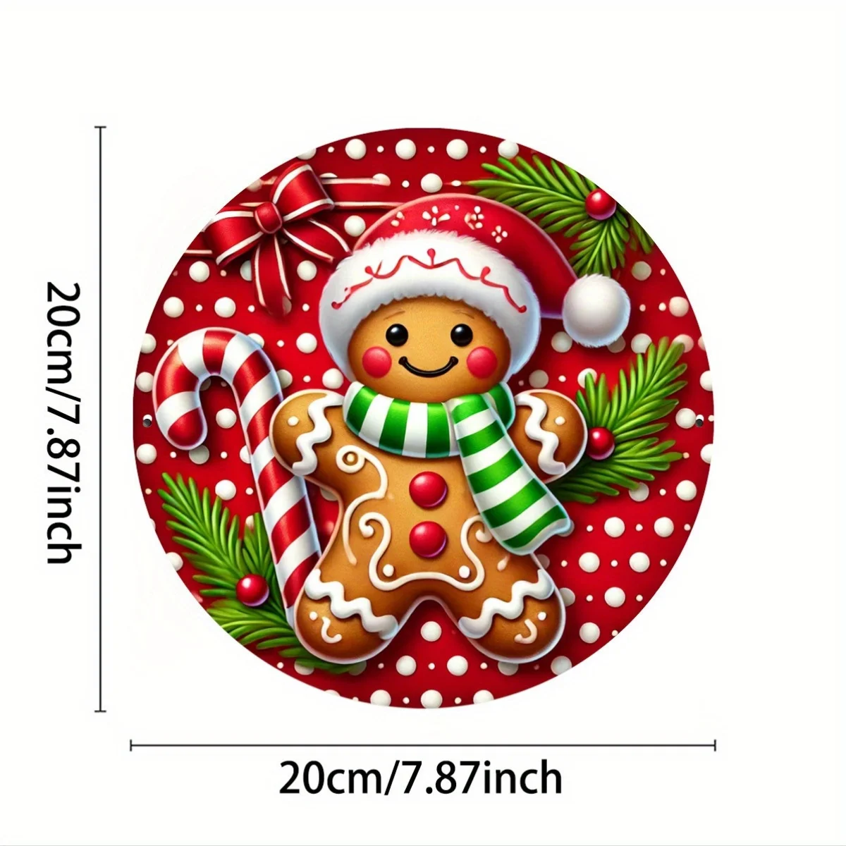 One, gingerbread Man and candy cane themed round aluminum plaque, 7.8x7.8 inches (20x20 cm), interior and exterior decoration