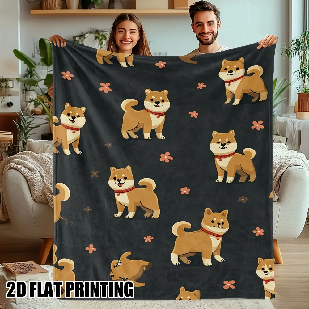 One Cozy Vintage 2D Flat Playful Shiba Inu Puppies Print Flannel Blanket – Soft, Warm, Great for Sofa, Bed, Car, Office, Camping, Travel – A Perfect Gift for Any Season