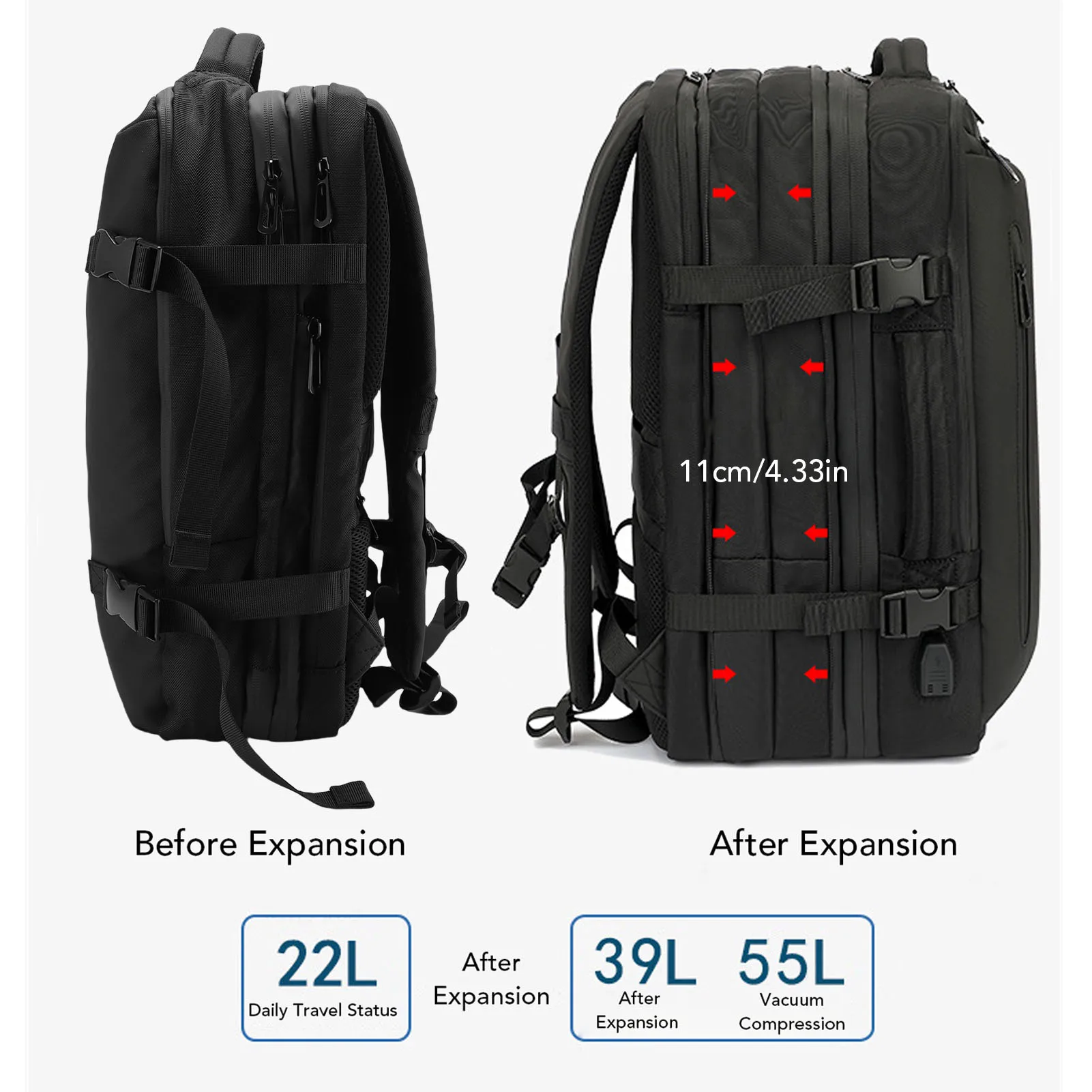 Vacuum Pump Backpack USB Charging Port 180 Degree Opening Dry Wet Separation Expandable Backpack 22L 39L 55L for Business Trip