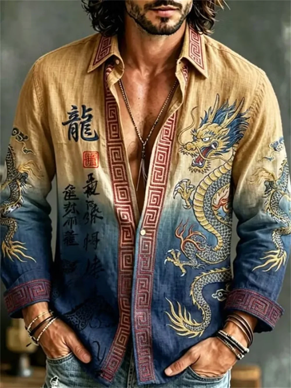 Men's Retro Oriental Long Sleeve Shirt Chinese Dragon Wave Flower Print Lapel Button Cardigan Casual Loose Daily Holiday Top