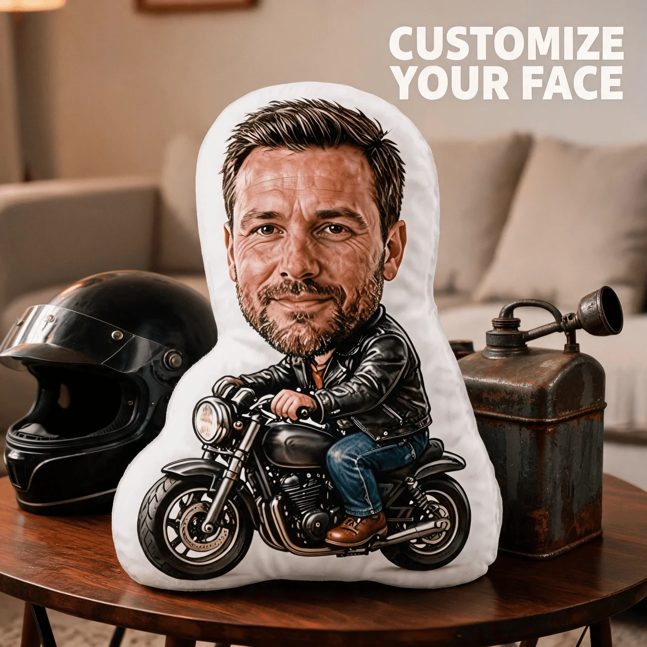 Custom Photo Biker Shaped Pillow, Personalized Face On Motorcycle Decorative Cushion, Leather Jacket Style Accent Pillow for Sof