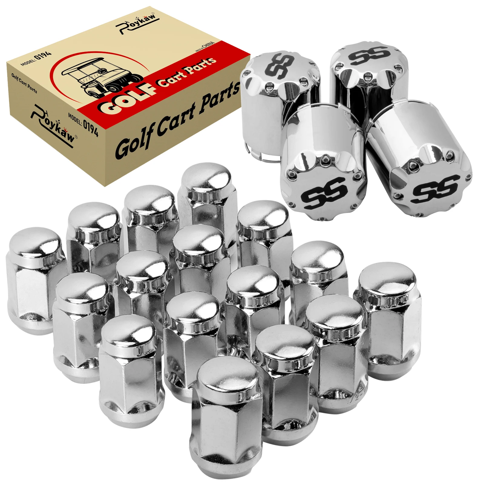 Roykaw Golf Cart Wheel Lug Nuts and Chrome SS Wheel Hub Cap Covers Kit for EZGO Club Car