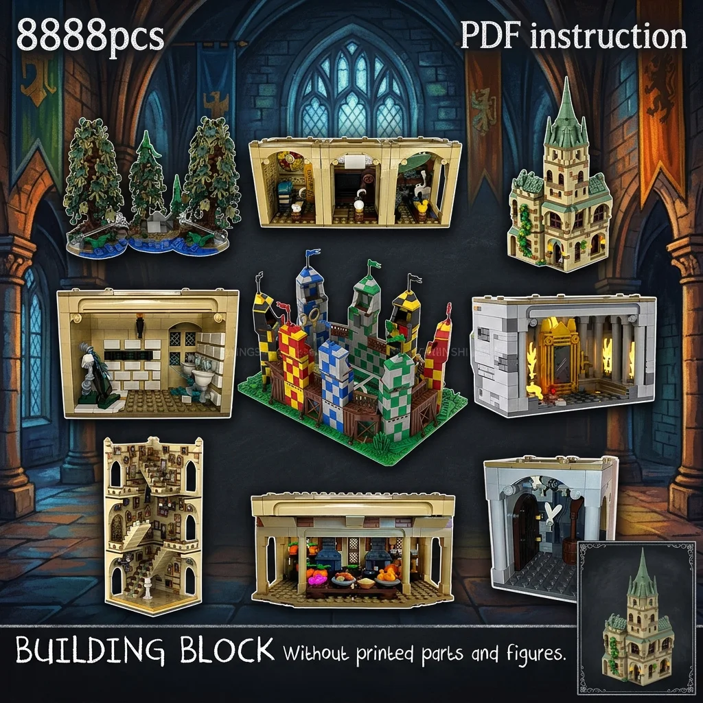 

Classic British Boarding School Expansion MOC Building Blocks Gothic Castle Grand Staircase Stadium Diorama Adult Desk Decor