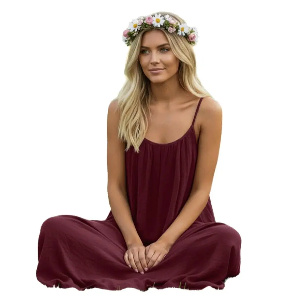 

New with Back Tie Backless Cami Dresses Rose Red Soft Cami Dress Comfortable Pure Color House Dress for Women