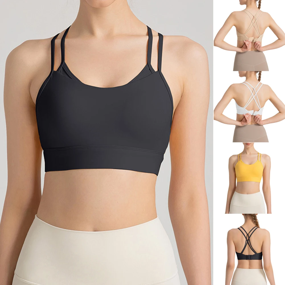 

Women Spaghetti Strap Sports Bra Sweat-absorbing Compression Criss Cross Strappy Yoga Gym Bra Workout Crop Tops