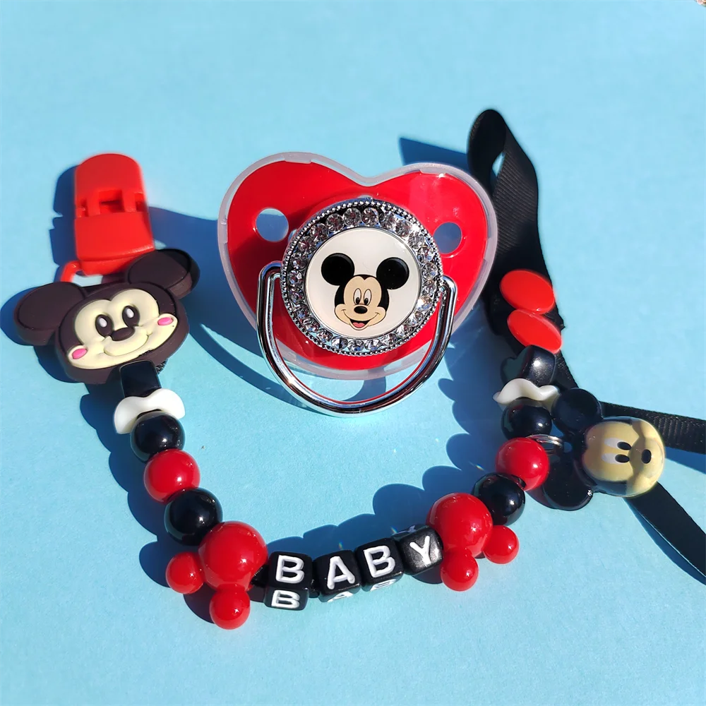 [2Pcs] Mickey Mouse Cartoon Shape Silica Gel Baby Pacifier and Clips Silicone Beads with Bell Holder for Pacifier Baby Boy Stuff